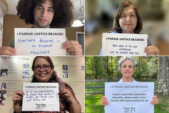 People holding up signs that explain why they pursue justice