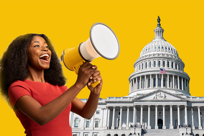 A person talking into a megaphone next to a photo of the US Capitol 