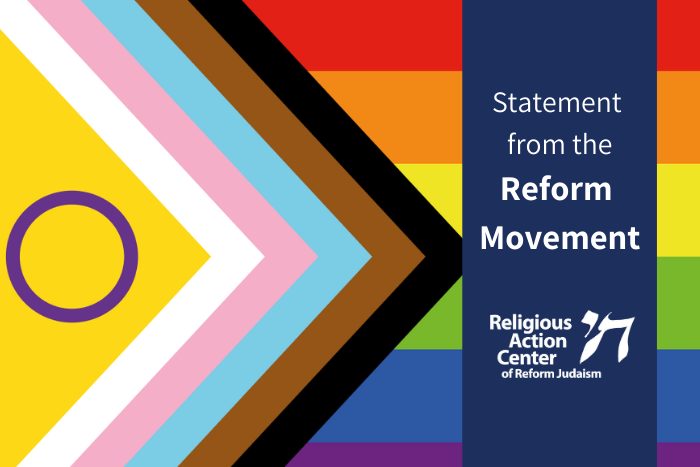 Statement from the Reform Movement with Pride flag in background with RAC logo