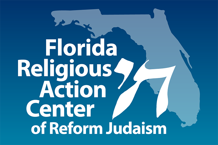 This is the RAC FL logo, says "Florida Religious Action Center of Reform Judaism" in white with an image of the state of Florida over a blue background