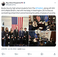 Photo of a social media post from Rep. Brian Fitzpatrick; includes three images of Bucks County High School students from the RAC, along with Shir Ami's Rabbi Briskin