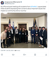 Photo of a social media post from Congressman Mike Lawler with an image of students from The RAC visiting his office