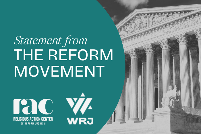 Photo of capital building in Washington, DC with the words "Statement from the Reform Movement" and RAC and WRJ logos in white font