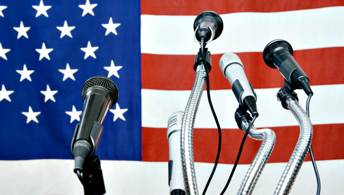 American flag and podium
