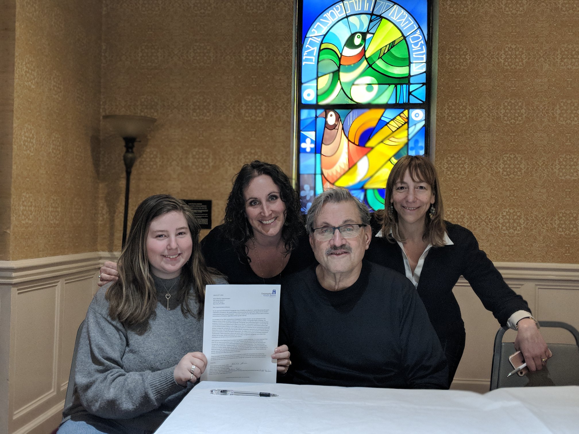 Rodeph Sholom congregants with their letter to the school board on transgender students' rights 