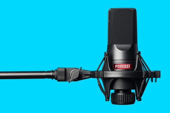 podcast mic with blue background