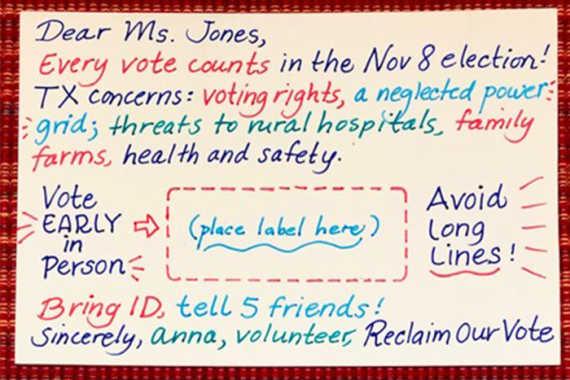 Post card from volunteer in Texas with call to action to go out at vote