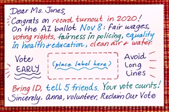Post card from volunteer with call to action to go out at vote