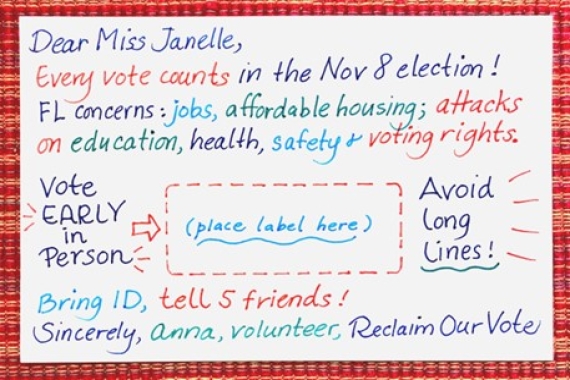 Post card from volunteer with call to action to go out at vote