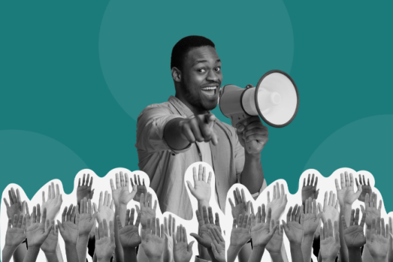 person with megaphone, hands raised in front
