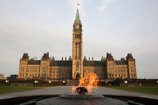 The Centennial Flame, which commemorates Canada's 100th anniversary as a Confederation, burns in front of the Centre Block building in Ottawa.