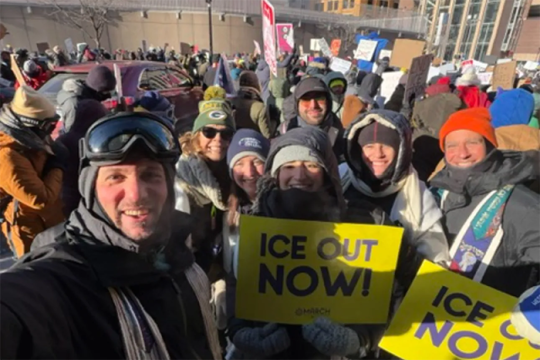 Photo of Rabbi Jill Avrin with other clergy at the rally in Minneapolis