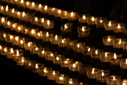 Small tealight candles lit up in rows as if at a vigil 