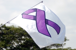 Purple ribbon for domestic violence on white flag waving outside