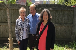 Rabbi Dena Feingold with her brother and sister-in-law at the tree dedication at her congregation in Wisconsin