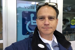 Rabbi Jonah Pesner takes a selfie outside a polling place on Election Day